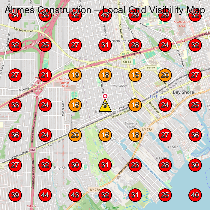 Ahmes Construction GeoGrid visibility map for Home Builder in Bay Shore